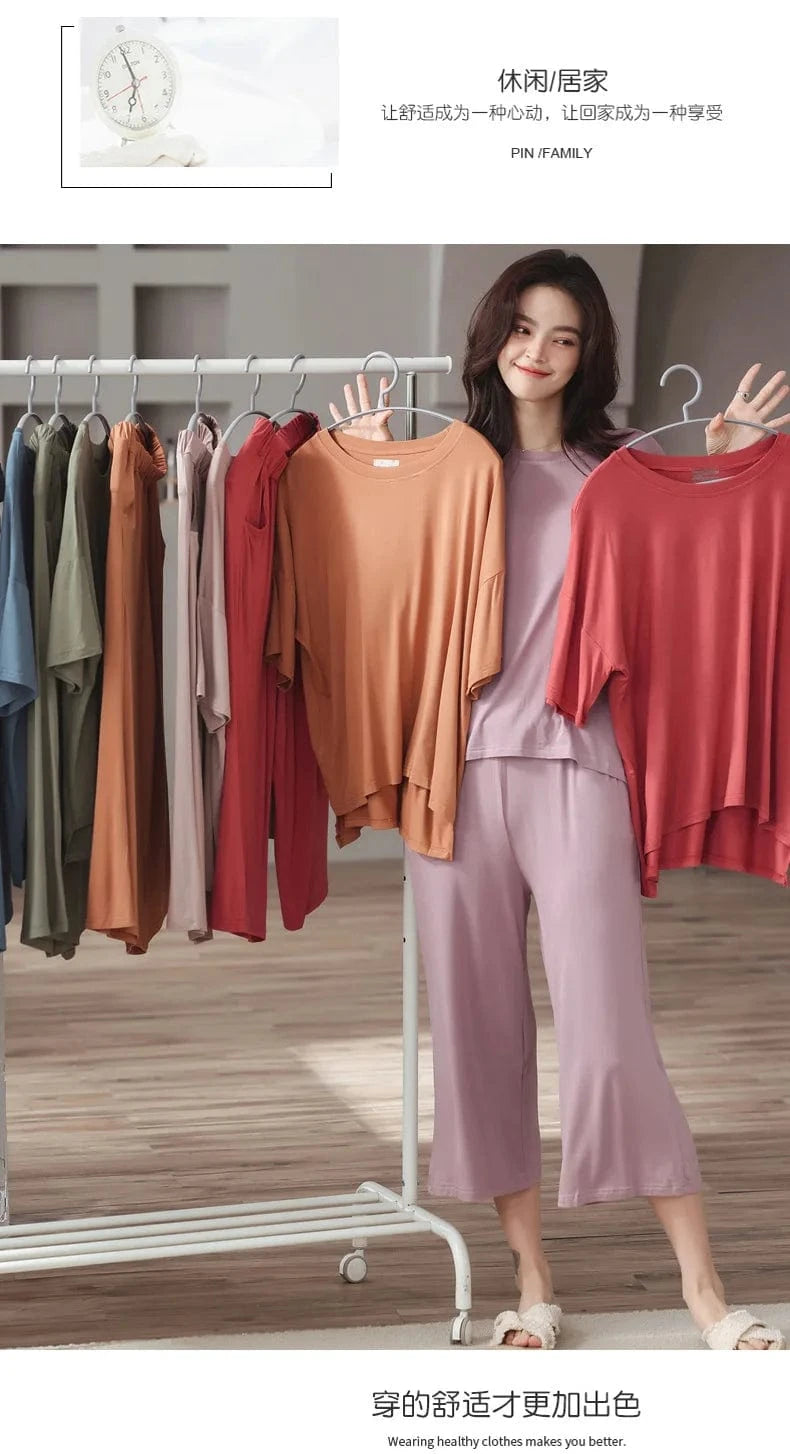 Cozy modal spandex crew neck short sleeve t shirt with short two piece sets lounge wear live room wearing sleeve wear