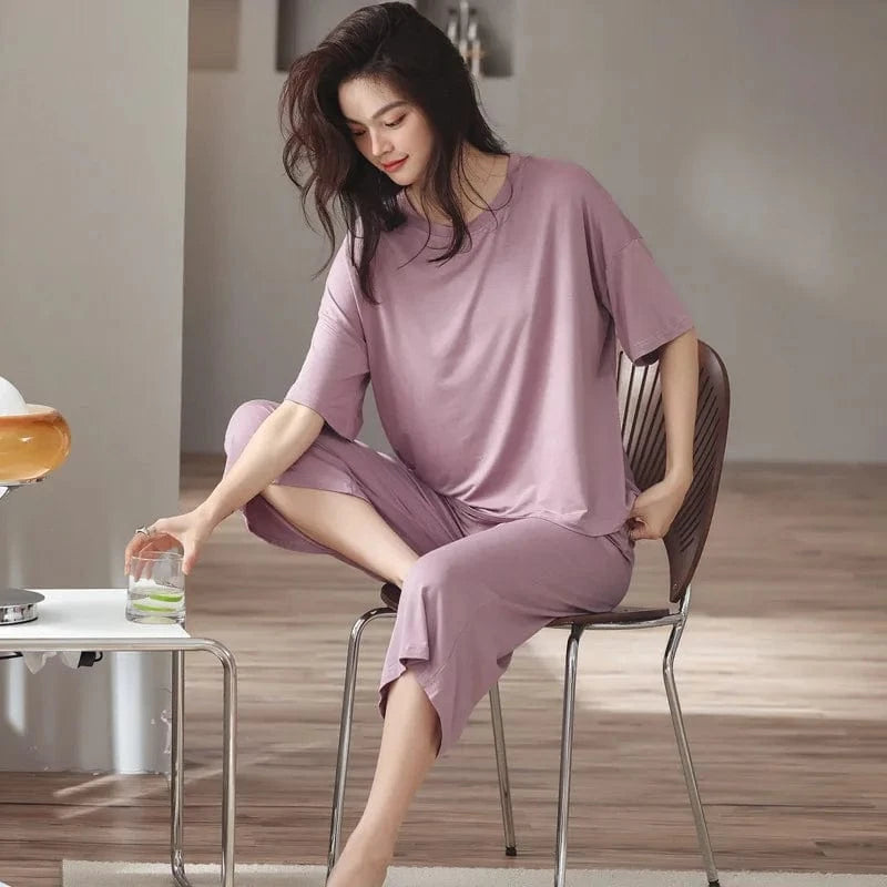 Cozy modal spandex crew neck short sleeve t shirt with short two piece sets lounge wear live room wearing sleeve wear