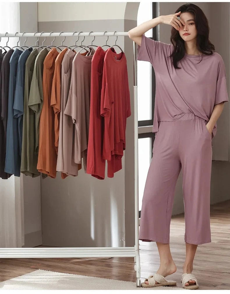 Cozy modal spandex crew neck short sleeve t shirt with short two piece sets lounge wear live room wearing sleeve wear