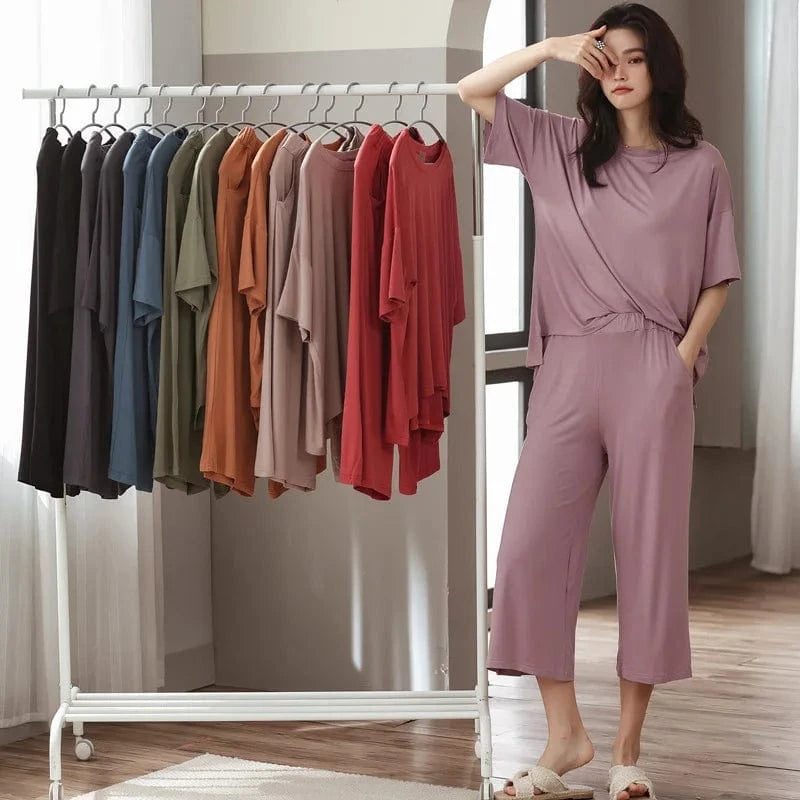 Cozy modal spandex crew neck short sleeve t shirt with short two piece sets lounge wear live room wearing sleeve wear