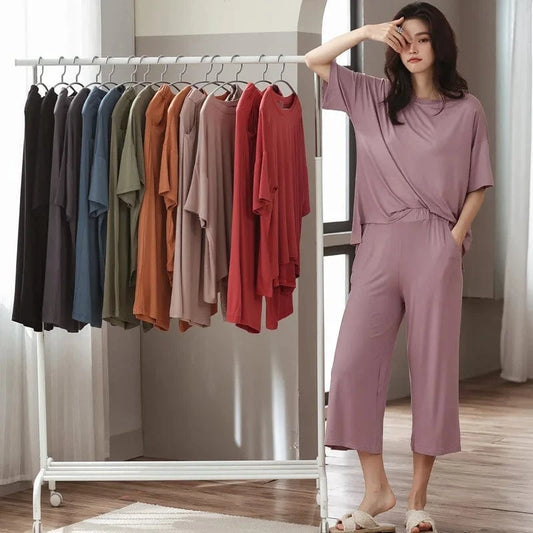 Cozy modal spandex crew neck short sleeve t shirt with short two piece sets lounge wear live room wearing sleeve wear