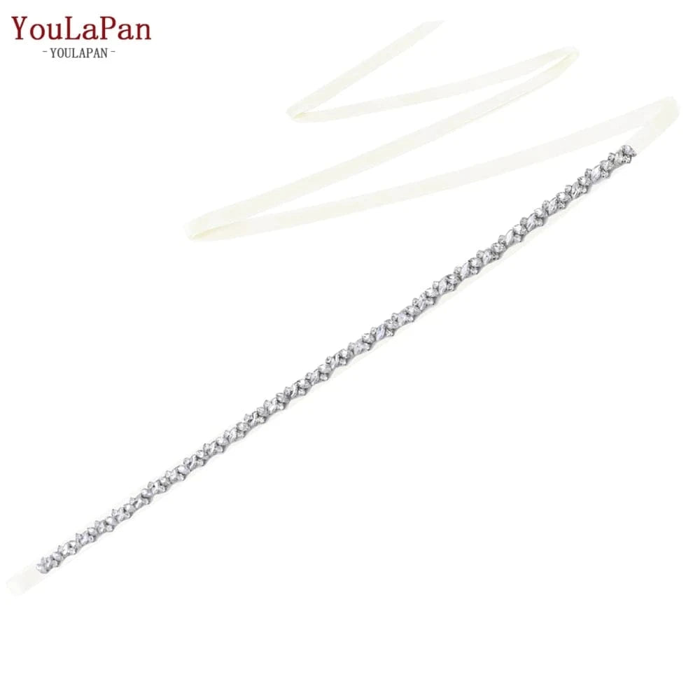 creamy-white Ribbon YouLaPan S404 Modern Design Hot Sale Women Dress Belt Silver Rhinestone Thin Belt Bridal Wedding Dress Waist Jewelry