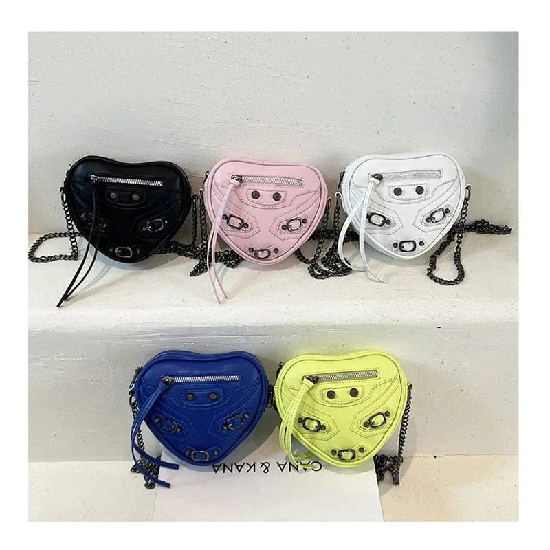 Creative Love Heart Purses Riveted Women's One Shoulder Crossbody Bag Mini Motorcycle Handbags Small Y2K Girls Messenger