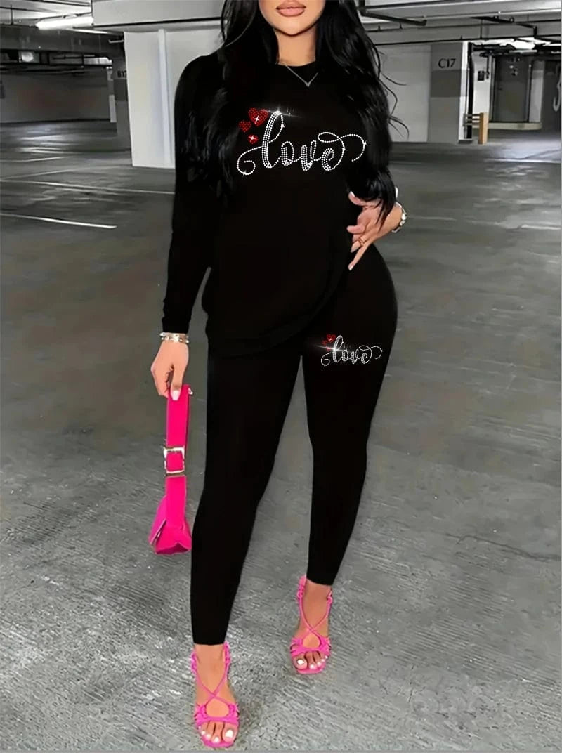 Crewneck T-shirt, long-sleeved leggings, Valentine's Day LOVE, hot diamond series, casual two-piece set