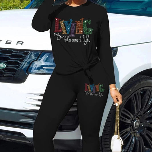 Crewneck T-shirt, long-sleeved leggings, Valentine's Day LOVE, hot diamond series, casual two-piece set