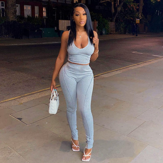 Crop Top And Pants Fit Fashion Casual Sleeveless Solid Women 2 Piece Set