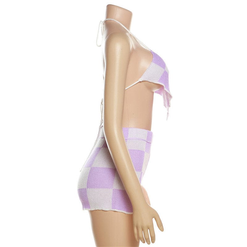 Crop Top Crochet Rib Knit Women Sets Summer 2023 Matching Sets Women Clothing Plaid Crochet 2 Piece Short Set Women