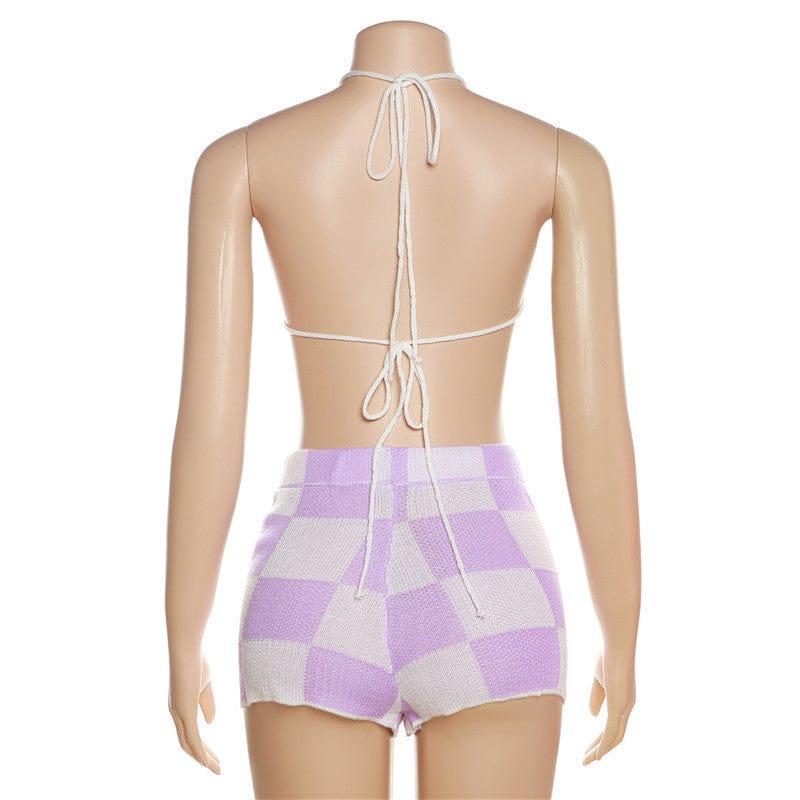 Crop Top Crochet Rib Knit Women Sets Summer 2023 Matching Sets Women Clothing Plaid Crochet 2 Piece Short Set Women