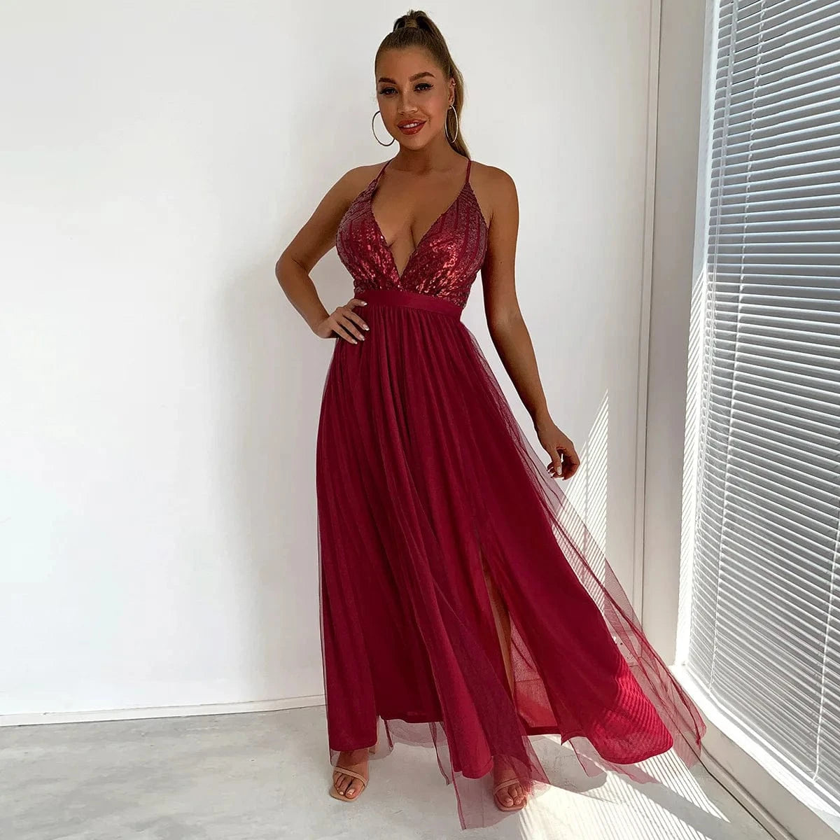Cross-border European and American women's clothing summer New Amazon Solid color Sexy sling slit dress