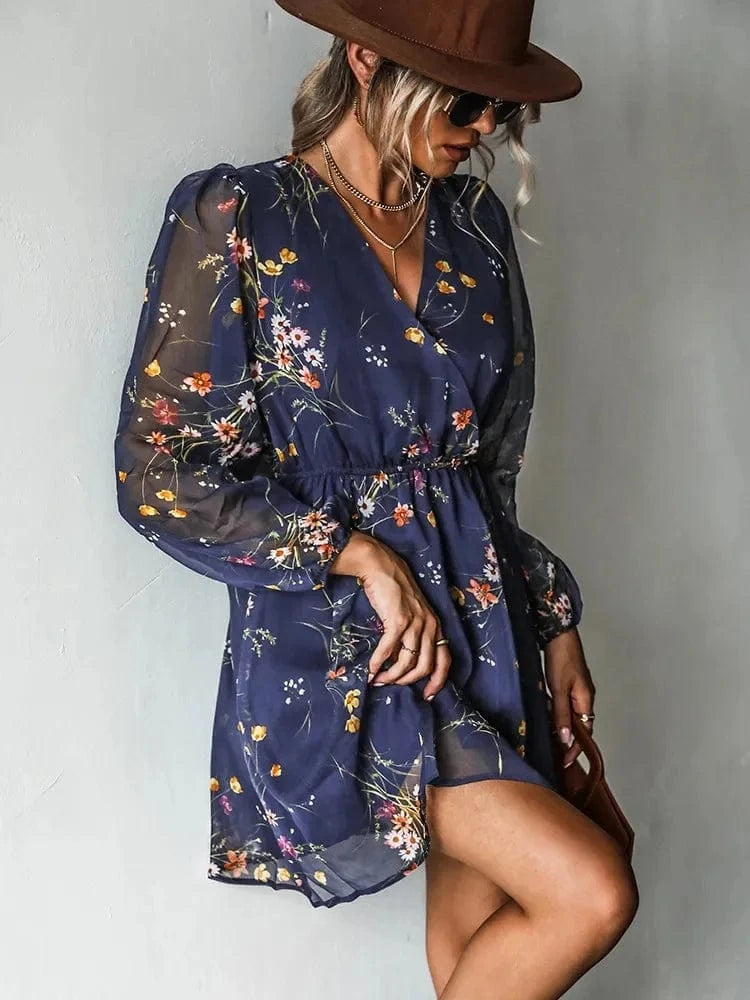 Cross-border Hot-selling dress V-neck Elegant Chiffon Printed floral Spring Pivot dress