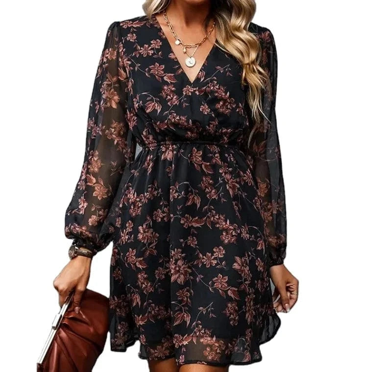 Cross-border Hot-selling dress V-neck Elegant Chiffon Printed floral Spring Pivot dress