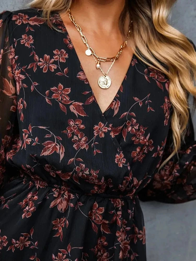 Cross-border Hot-selling dress V-neck Elegant Chiffon Printed floral Spring Pivot dress