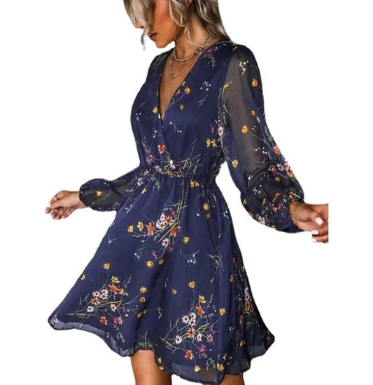 Cross-border Hot-selling dress V-neck Elegant Chiffon Printed floral Spring Pivot dress