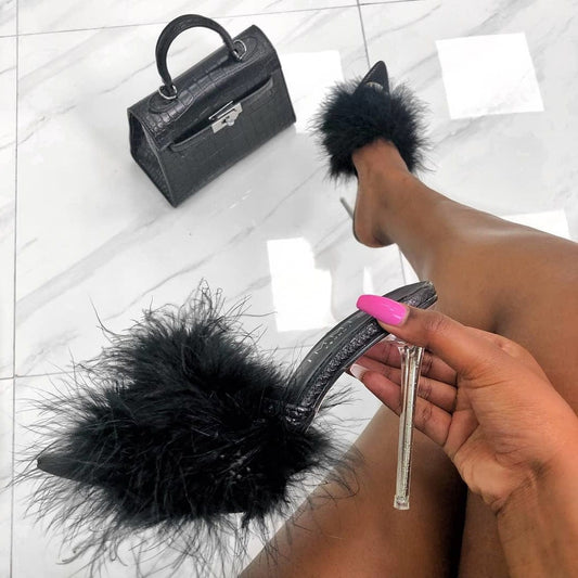 Crystal heel pointed toe 2022 spring new nightclub plush slippers
