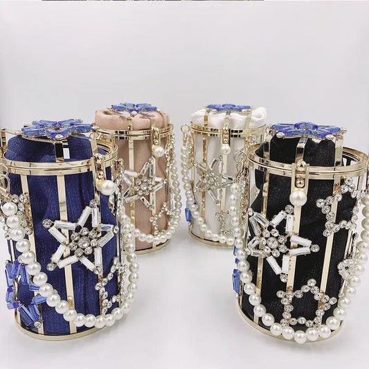 Crystal Rhinestones Star Evening Clutch Bag Luxury Round Pearl Hollow Out Purse Mini Bucket Cage Handbags Diamond Dinner Purse