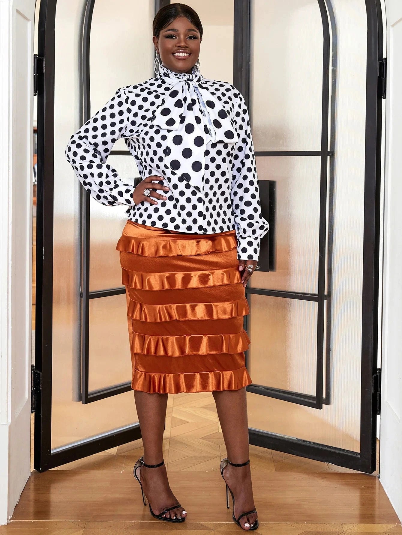 Curve Satin Skirt Bow Shirt Polka Dot Shiny Office Lady Two Piece Sets