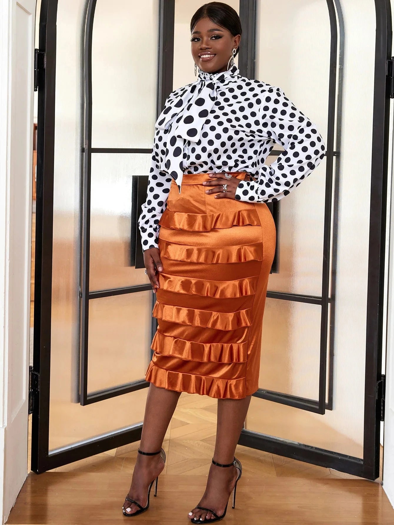 Curve Satin Skirt Bow Shirt Polka Dot Shiny Office Lady Two Piece Sets