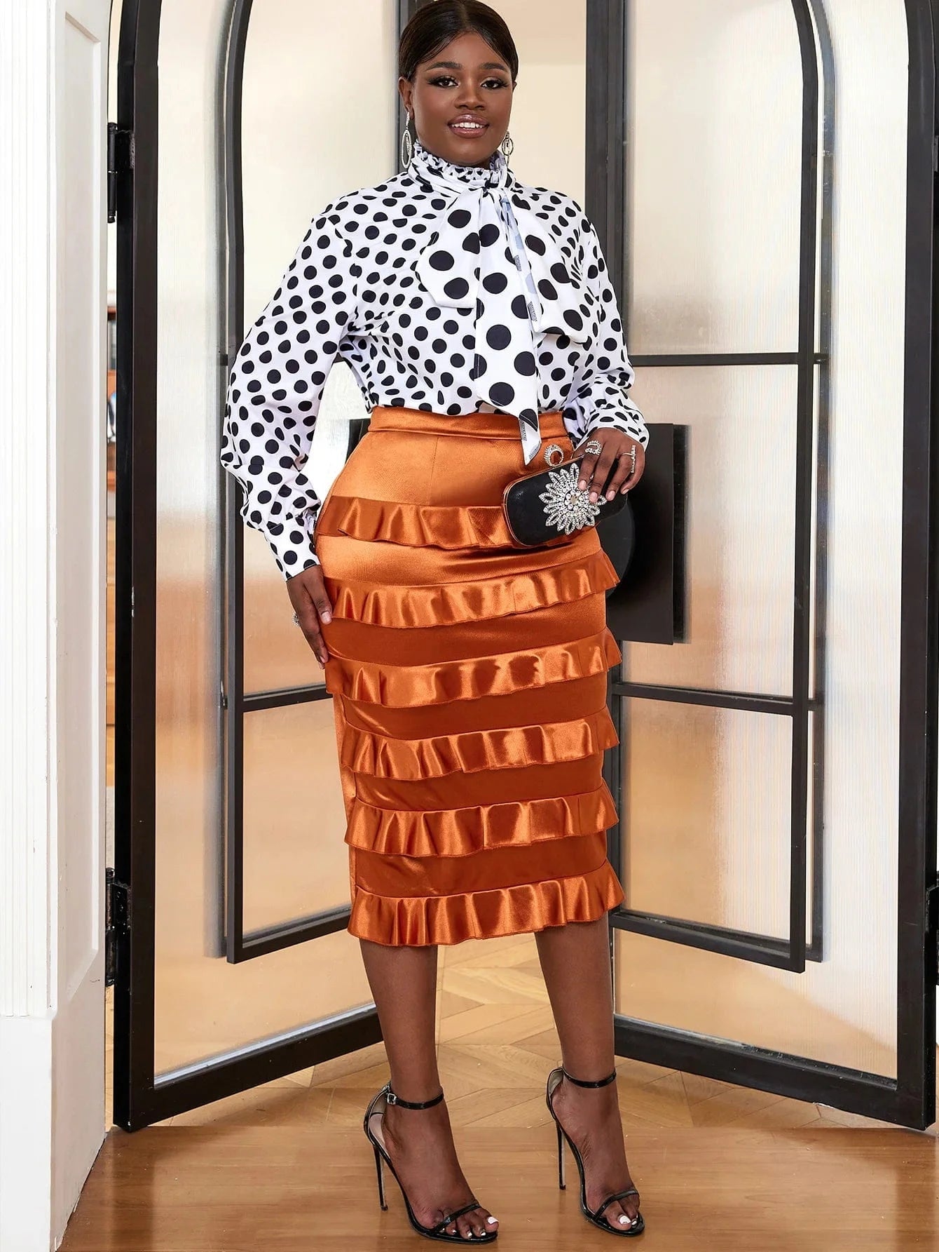 Curve Satin Skirt Bow Shirt Polka Dot Shiny Office Lady Two Piece Sets