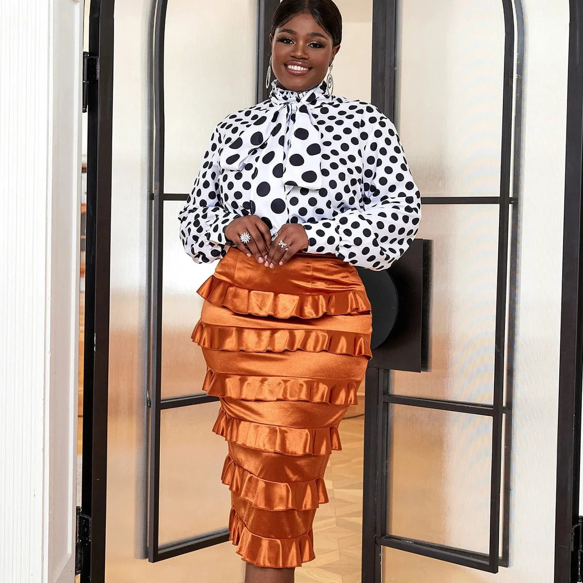 Curve Satin Skirt Bow Shirt Polka Dot Shiny Office Lady Two Piece Sets