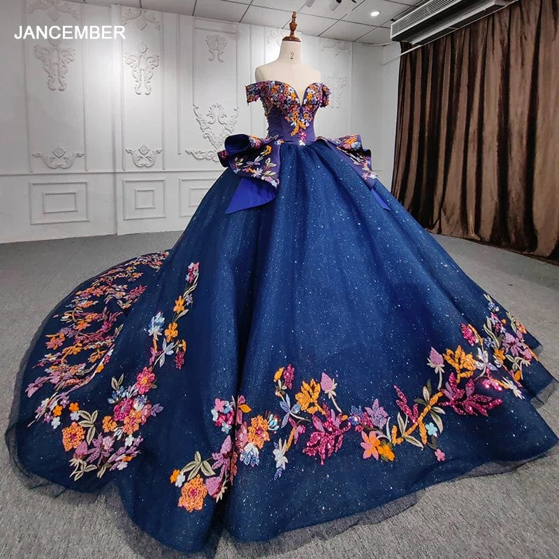 custom / 1 Luxury Dark Blue Flower Ball Gown Quinceaneara Dresses With Long Tail Jancember 9945-B