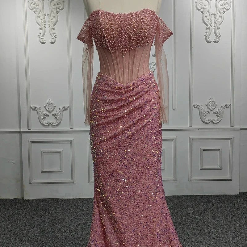 custom / 2 Illusion Lace Sequins Red Mermaid Party Gowns Evening Dresses Jancember 9900-2