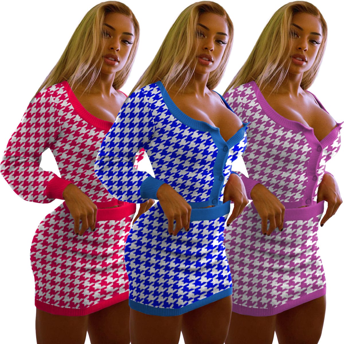 Custom 2022 New Arrival Hounds tooth Print Women's Long Sleeve Two Piece Skirt Set