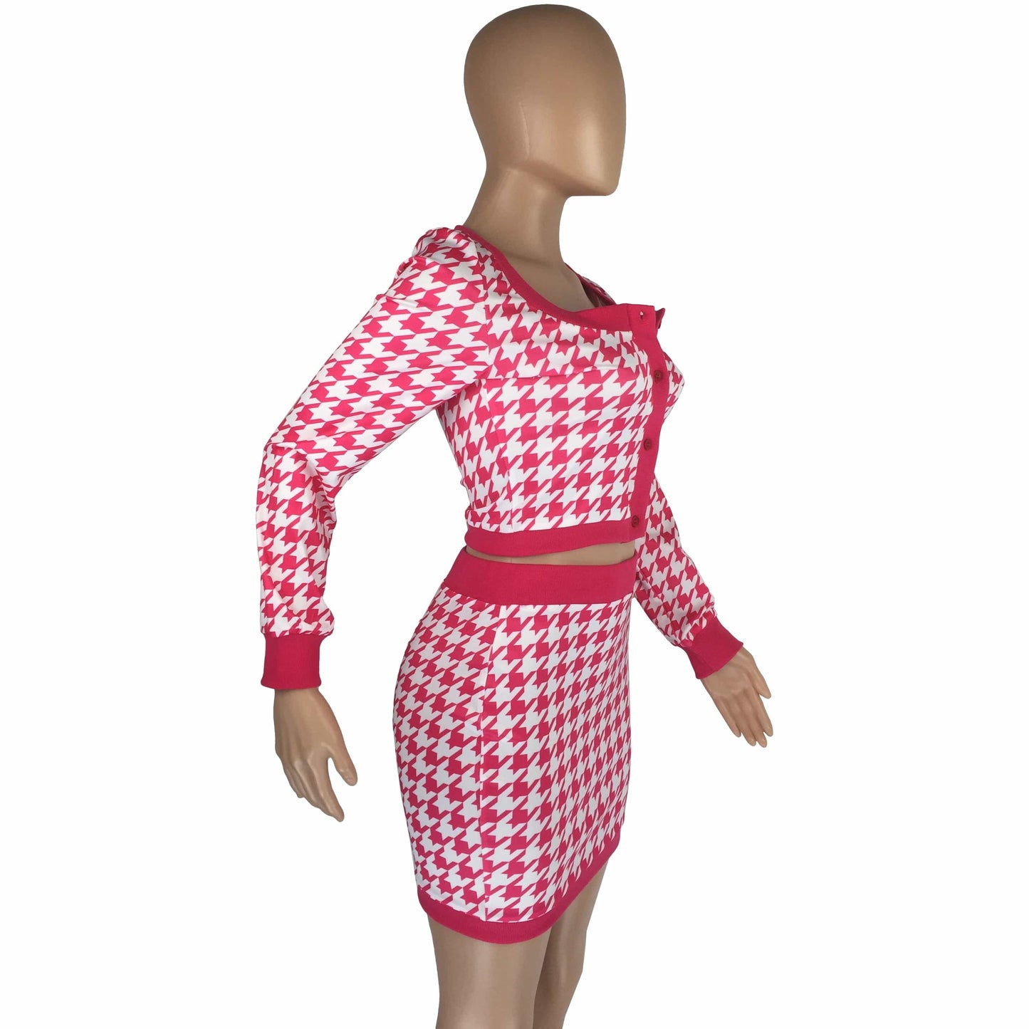 Custom 2022 New Arrival Hounds tooth Print Women's Long Sleeve Two Piece Skirt Set