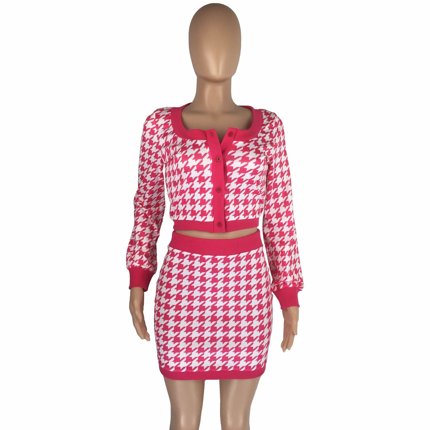 Custom 2022 New Arrival Hounds tooth Print Women's Long Sleeve Two Piece Skirt Set