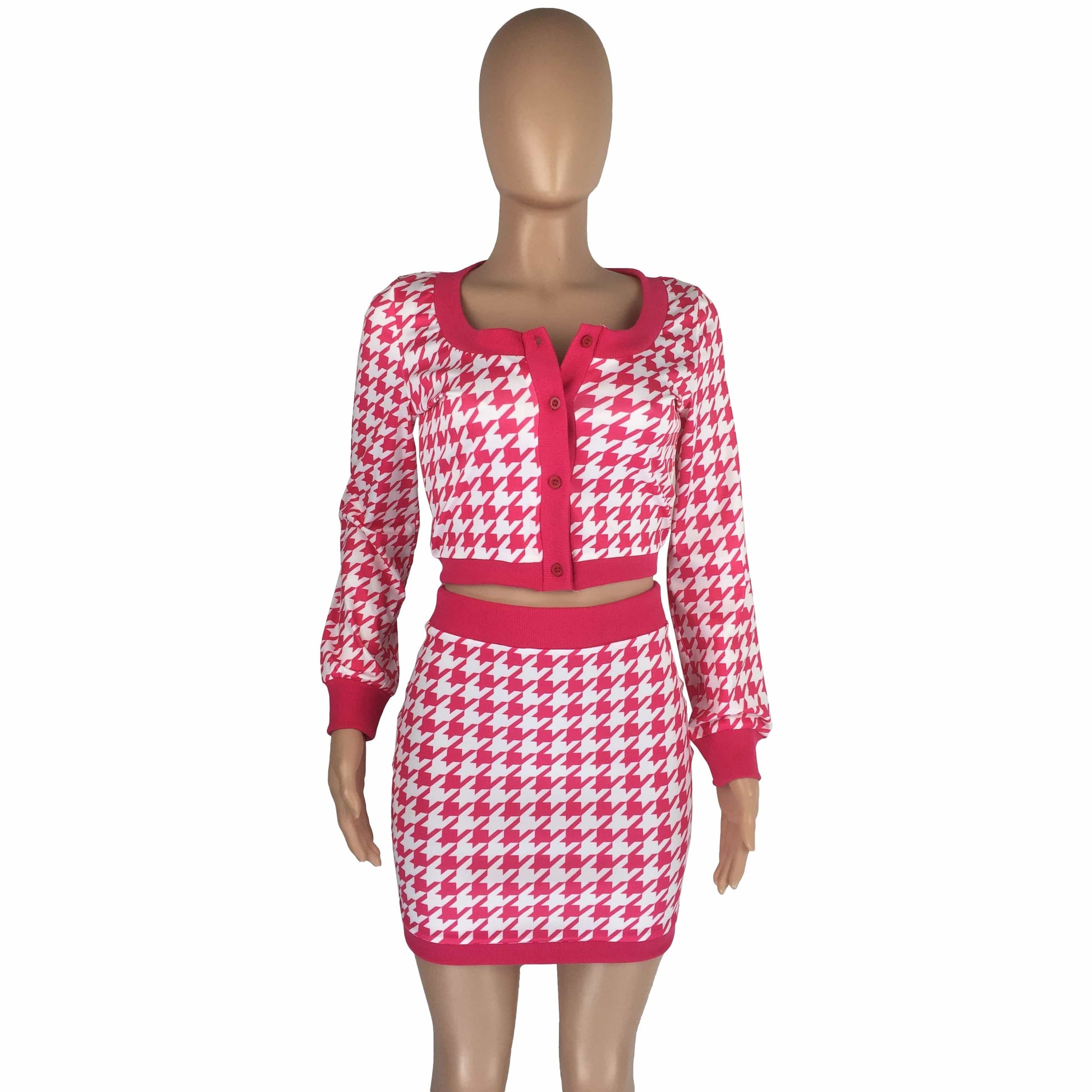 Custom 2022 New Arrival Hounds tooth Print Women's Long Sleeve Two Piece Skirt Set