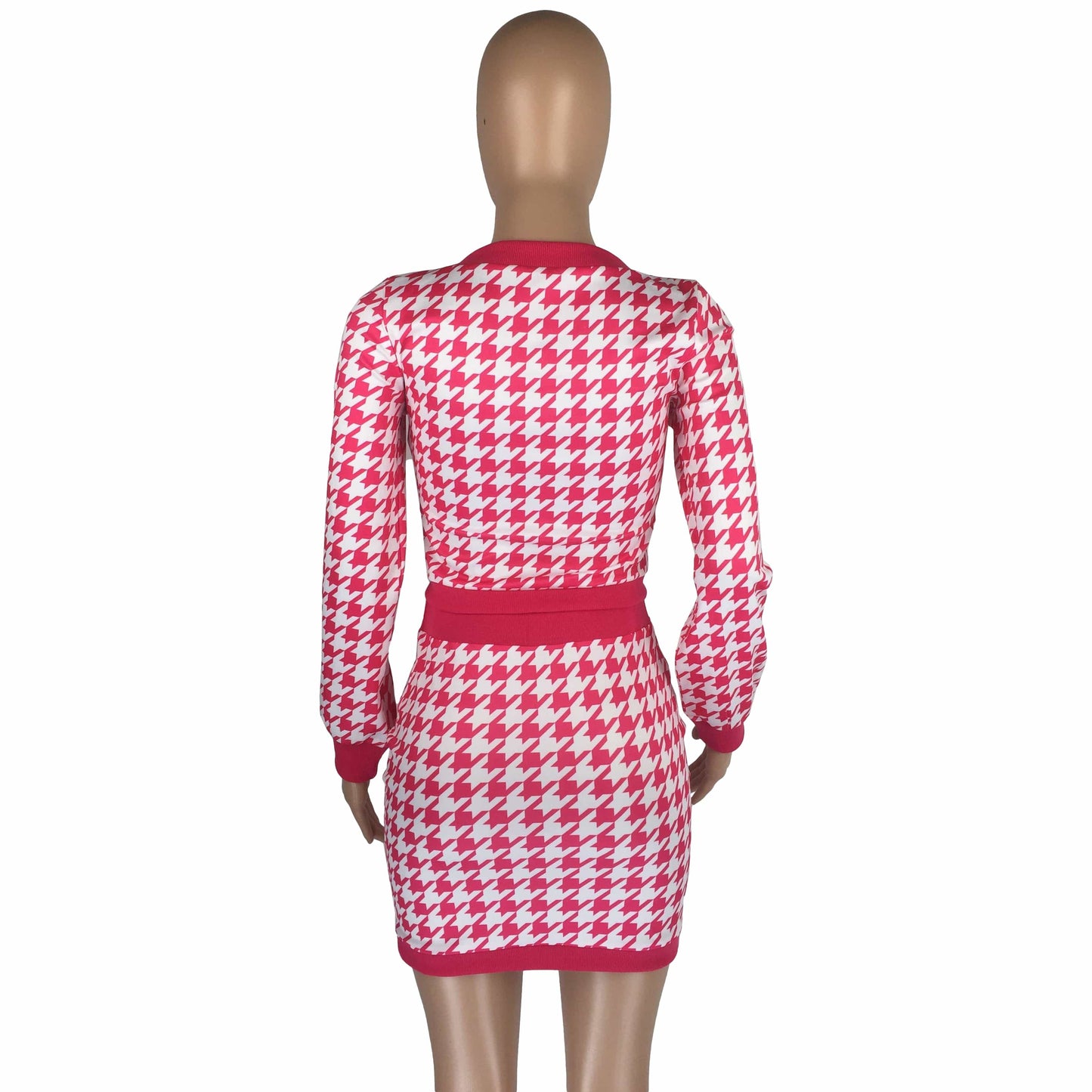Custom 2022 New Arrival Hounds tooth Print Women's Long Sleeve Two Piece Skirt Set