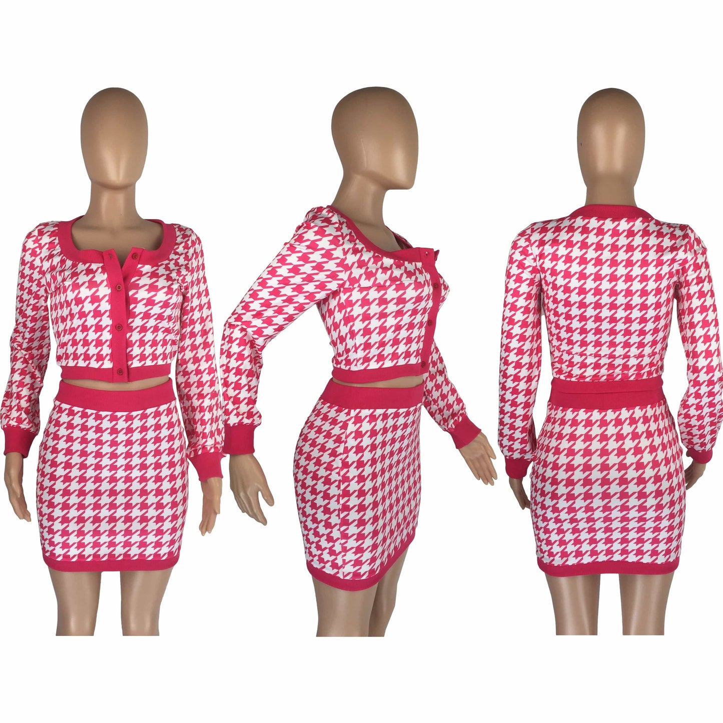 Custom 2022 New Arrival Hounds tooth Print Women's Long Sleeve Two Piece Skirt Set