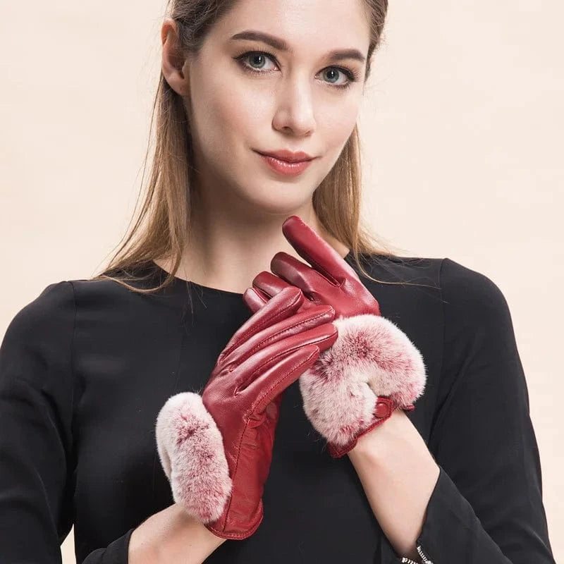 Custom design texting winter women real leather rex rabbit fur gloves