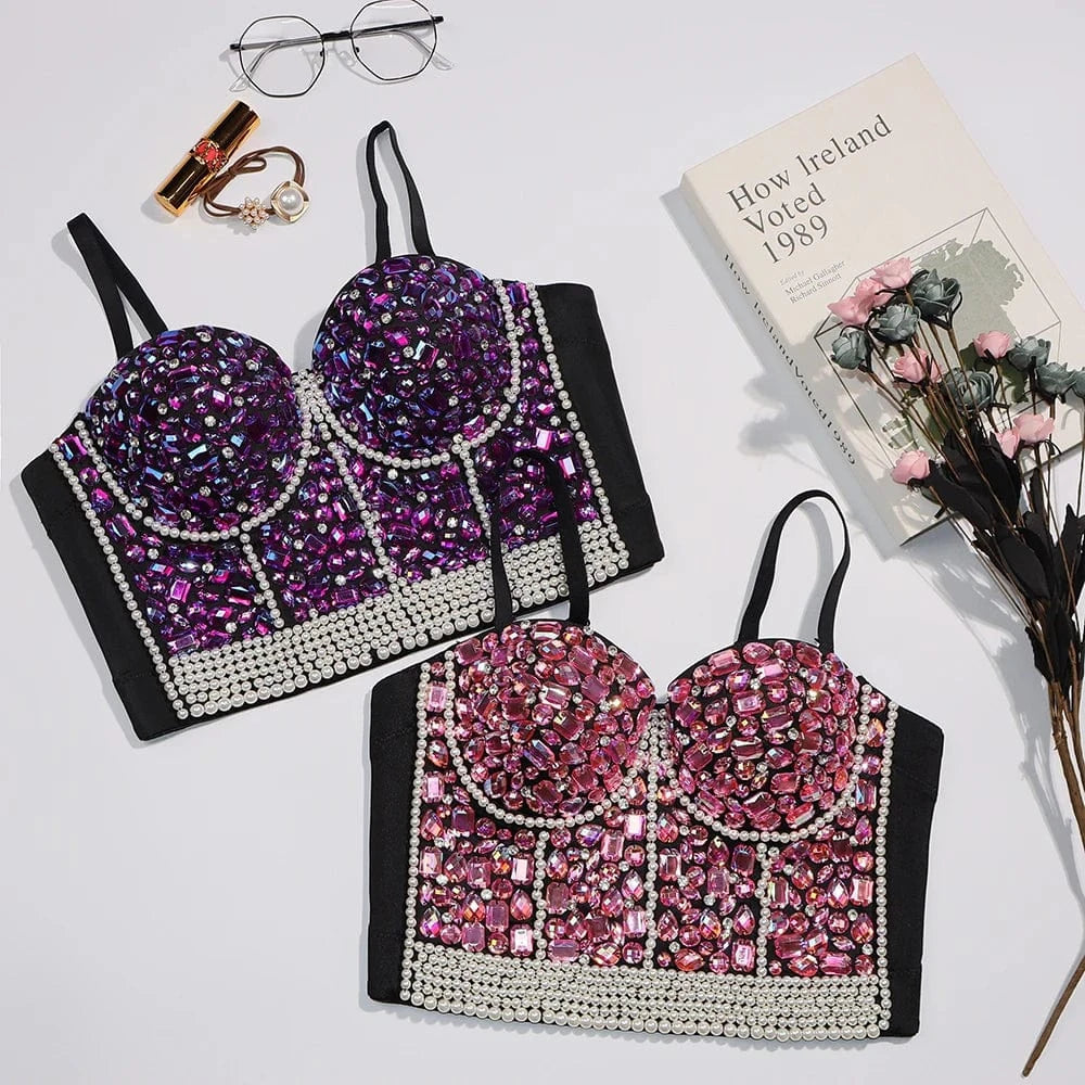 Custom Fashion Ladies corsets tops Pink Diamond encrusted Vest style Sling corset for women's