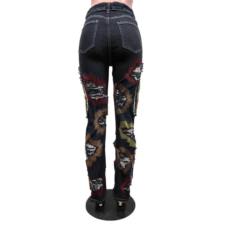 custom female women ladies washed black embroidery patchwork ripped tears jeans denim boot cut pants manufacturer for women