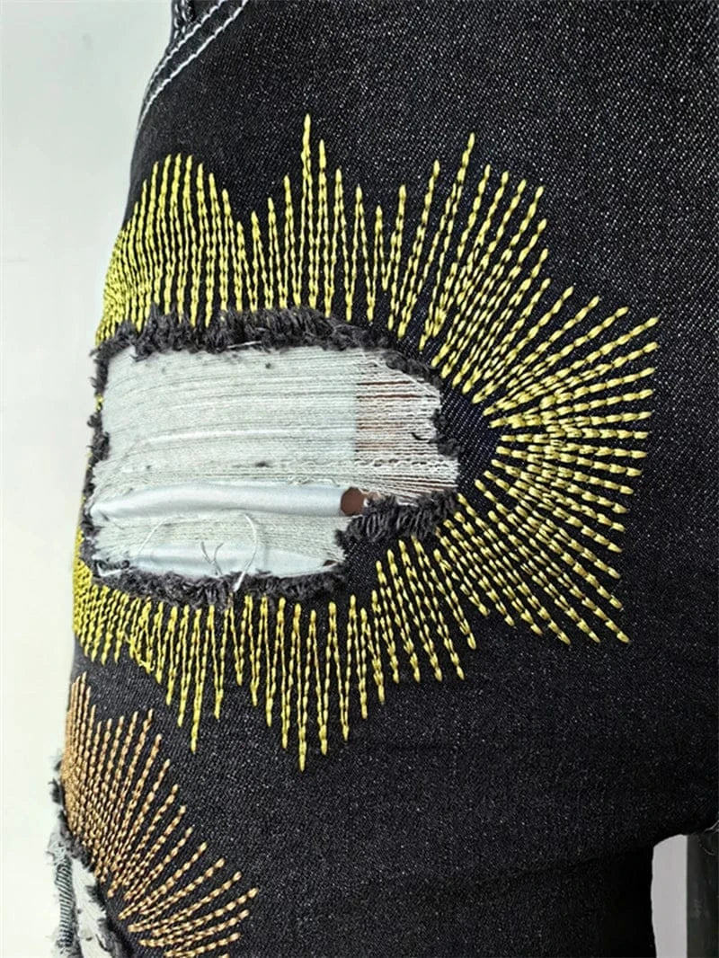 custom female women ladies washed black embroidery patchwork ripped tears jeans denim boot cut pants manufacturer for women