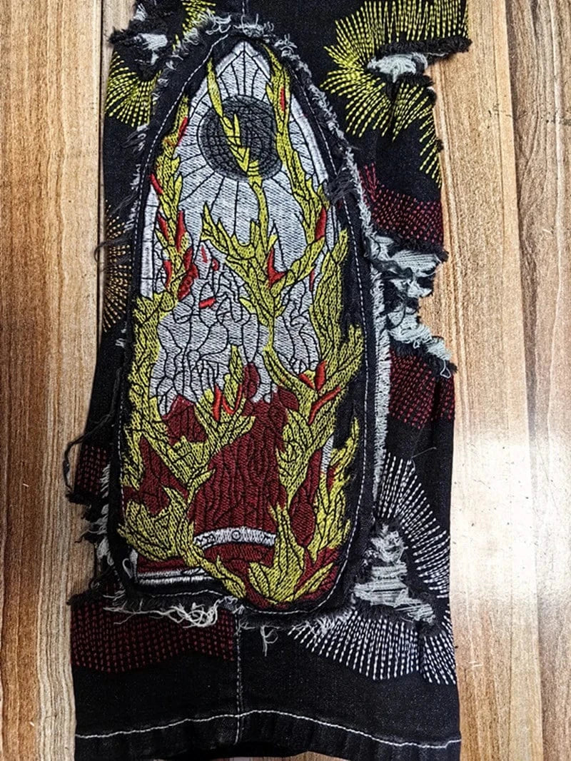 custom female women ladies washed black embroidery patchwork ripped tears jeans denim boot cut pants manufacturer for women