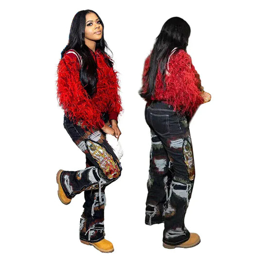 custom female women ladies washed black embroidery patchwork ripped tears jeans denim boot cut pants manufacturer for women