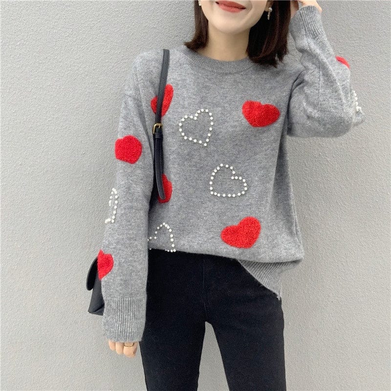 Custom Fit Thick Warm Cute Design Jumper Heart Shaped Lovers Knitted Pullover With Pearl Young Ladies Elegant Cartoon Sweater