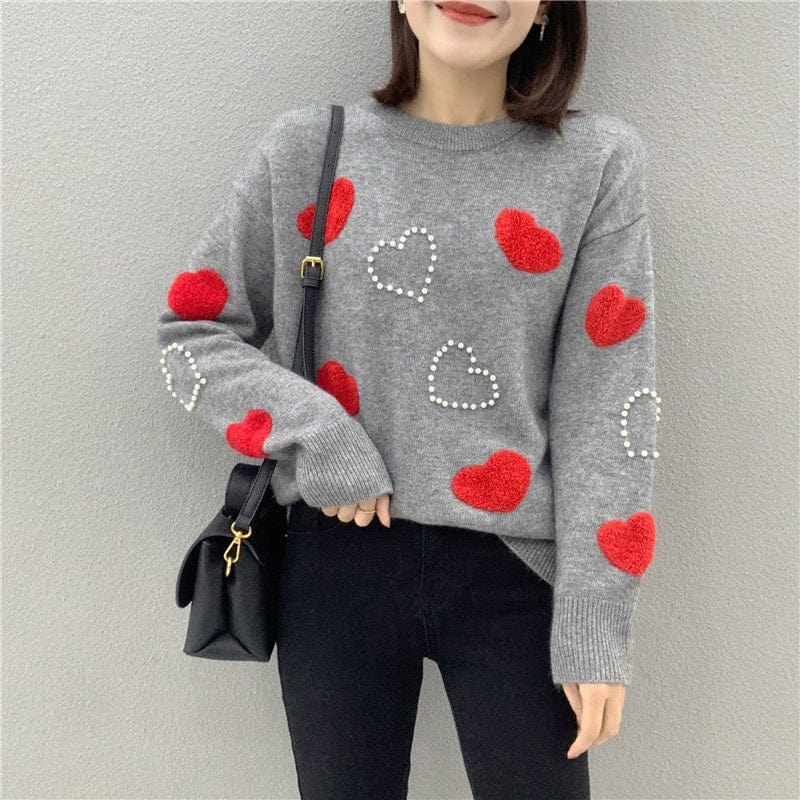 Custom Fit Thick Warm Cute Design Jumper Heart Shaped Lovers Knitted Pullover With Pearl Young Ladies Elegant Cartoon Sweater