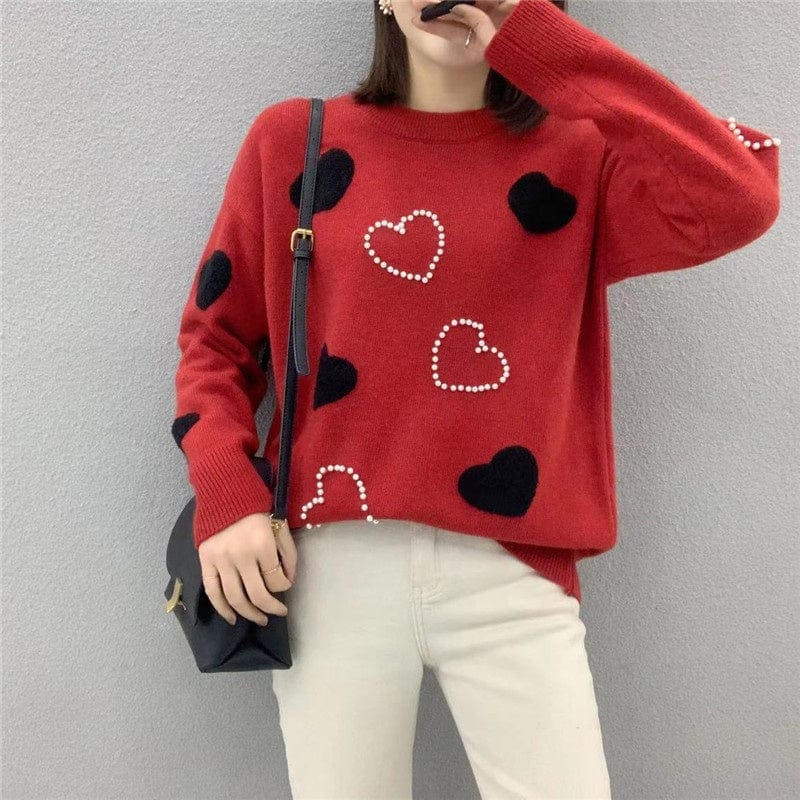 Custom Fit Thick Warm Cute Design Jumper Heart Shaped Lovers Knitted Pullover With Pearl Young Ladies Elegant Cartoon Sweater