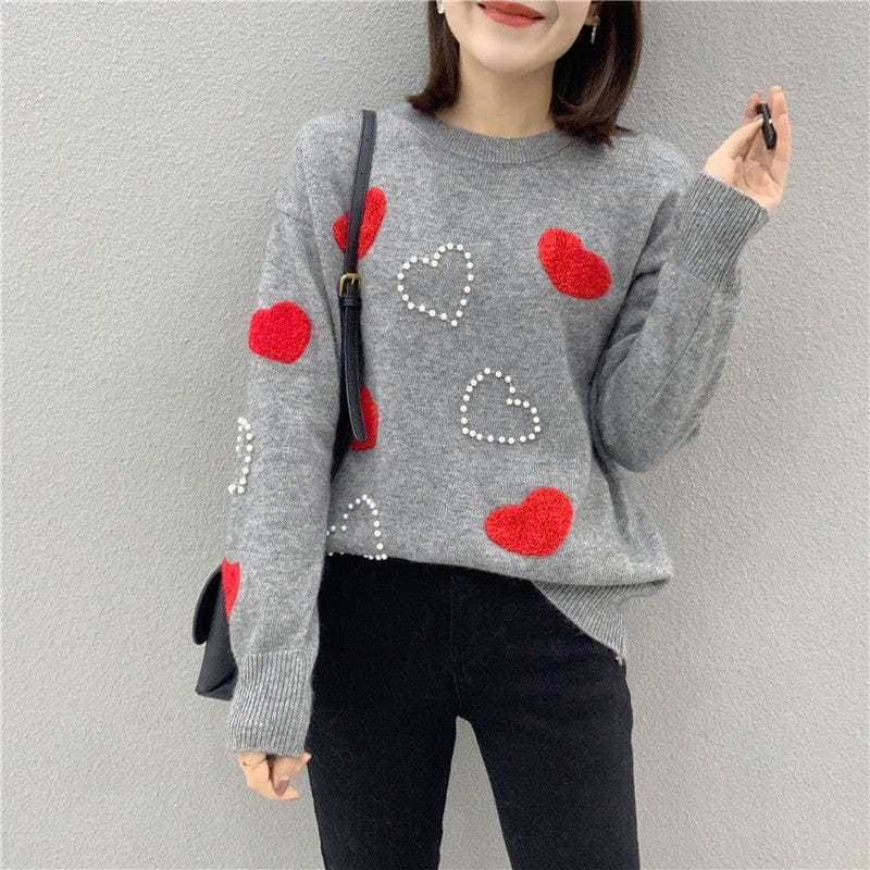 Custom Fit Thick Warm Cute Design Jumper Heart Shaped Lovers Knitted Pullover With Pearl Young Ladies Elegant Cartoon Sweater
