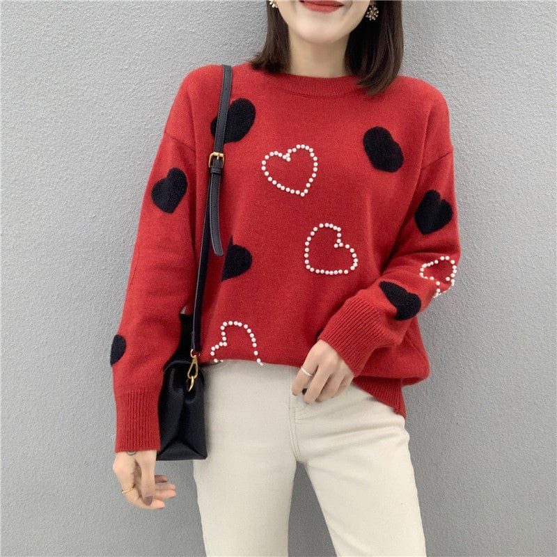 Custom Fit Thick Warm Cute Design Jumper Heart Shaped Lovers Knitted Pullover With Pearl Young Ladies Elegant Cartoon Sweater