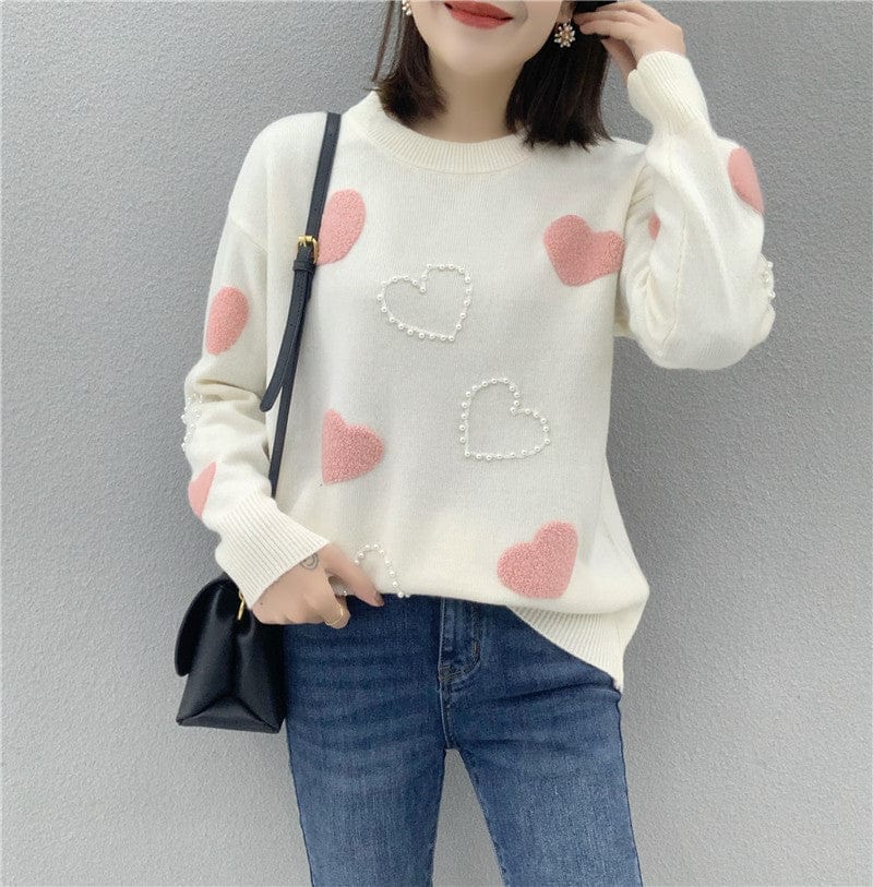 Custom Fit Thick Warm Cute Design Jumper Heart Shaped Lovers Knitted Pullover With Pearl Young Ladies Elegant Cartoon Sweater