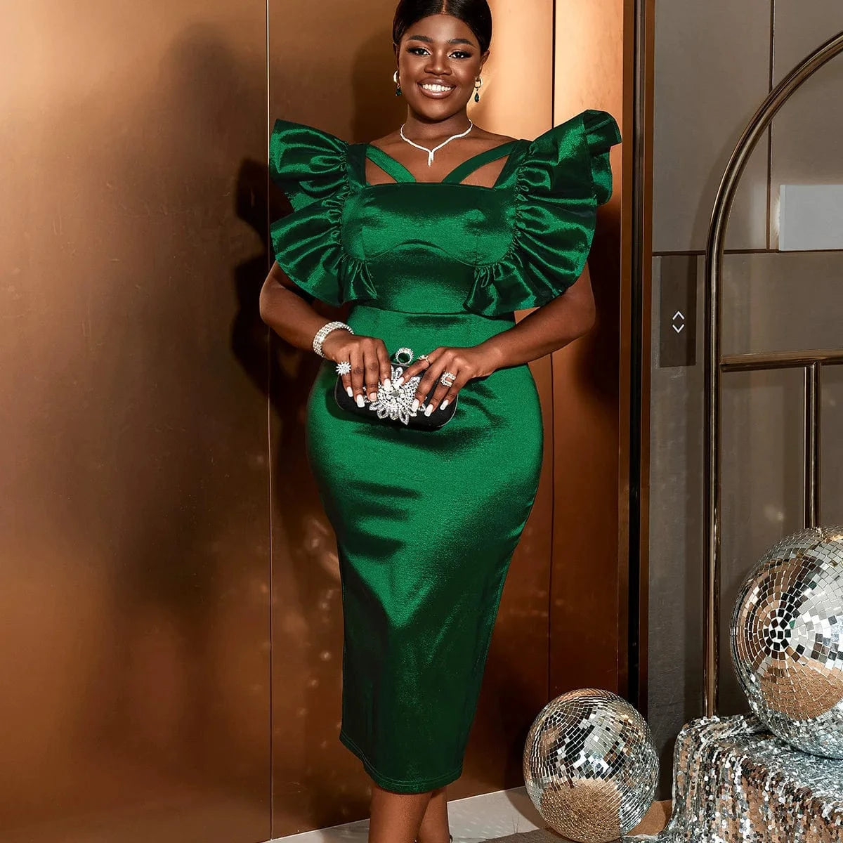 Custom Green Shimmer Cut Out Slim Women Ruffle Christmas Cocktail Dress