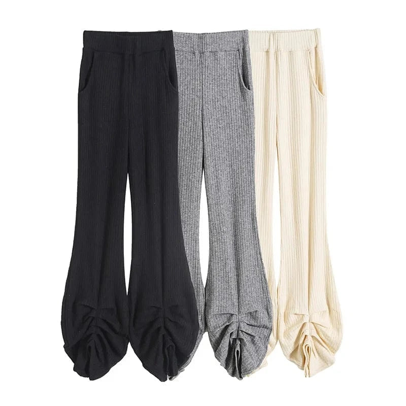 Custom High Quality Women Rib Trousers Office Slim Pile Up Flared Pants Elastic Waistband Female Trousers Women Joggers Pants