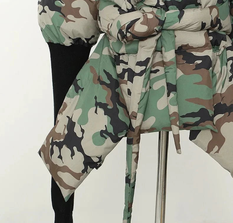 Custom Logo Camouflage Asymmetrical Bubble Jacket Women Winter Clothes Thick Warm Long Sleeve Bow Cotton Down Coat