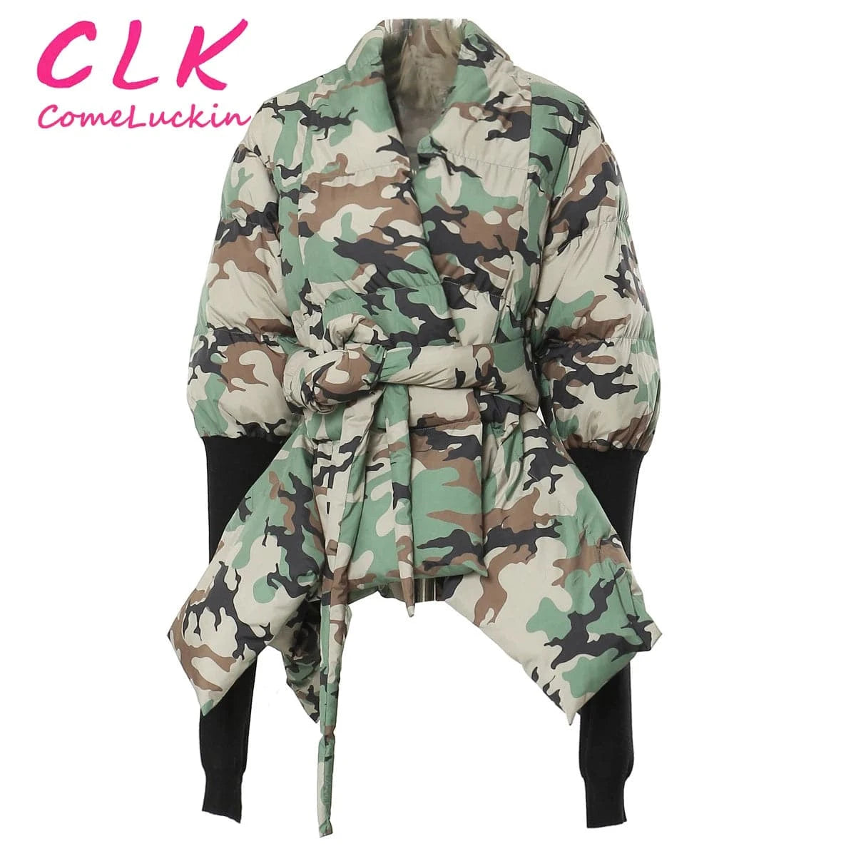 Custom Logo Camouflage Asymmetrical Bubble Jacket Women Winter Clothes Thick Warm Long Sleeve Bow Cotton Down Coat