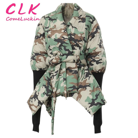 Custom Logo Camouflage Asymmetrical Bubble Jacket Women Winter Clothes Thick Warm Long Sleeve Bow Cotton Down Coat