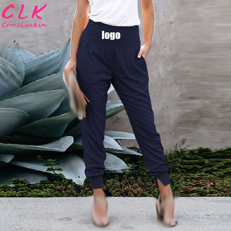 Custom Logo  Casual Solid High Waist Trousers Women Black Pocketed Casual Joggers Pants