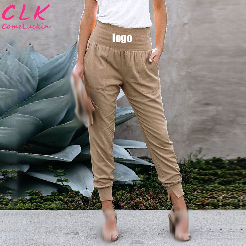 Custom Logo  Casual Solid High Waist Trousers Women Black Pocketed Casual Joggers Pants